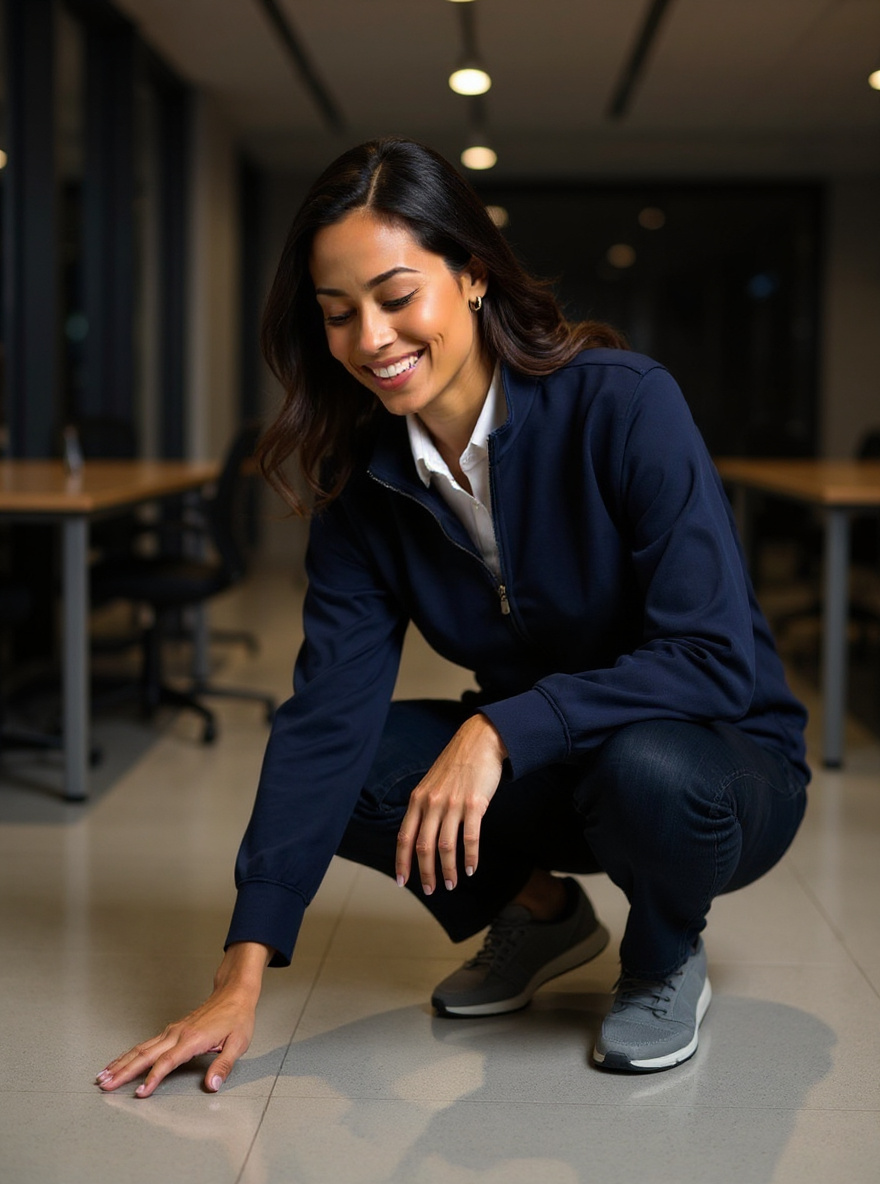Elena Cruz crouched, checking a floor