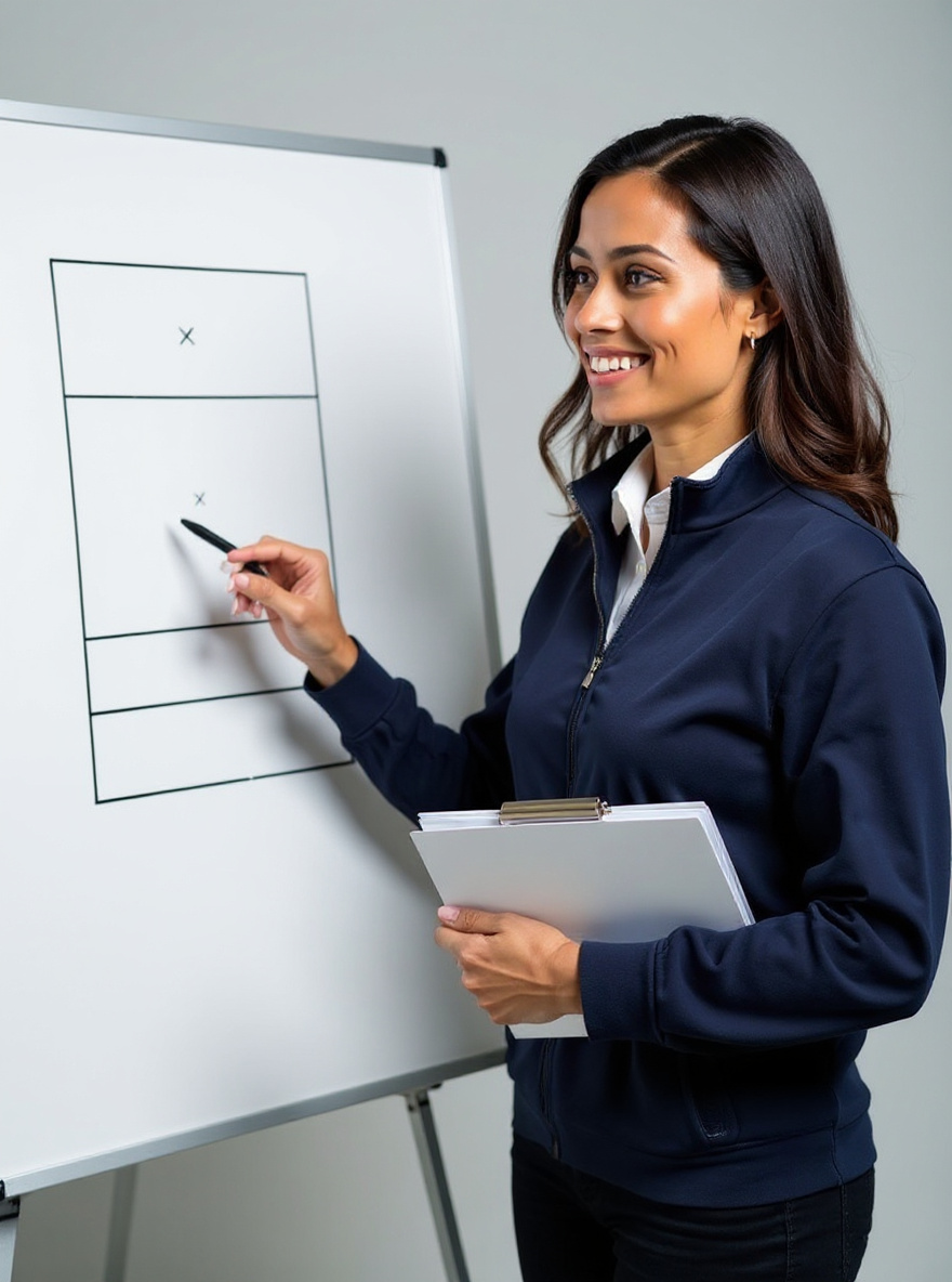 Elena Cruz holding a clipboard beside a whiteboard