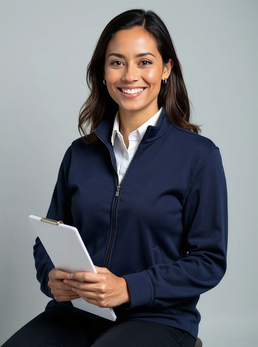 Elena Cruz seated with a clipboard, studio background