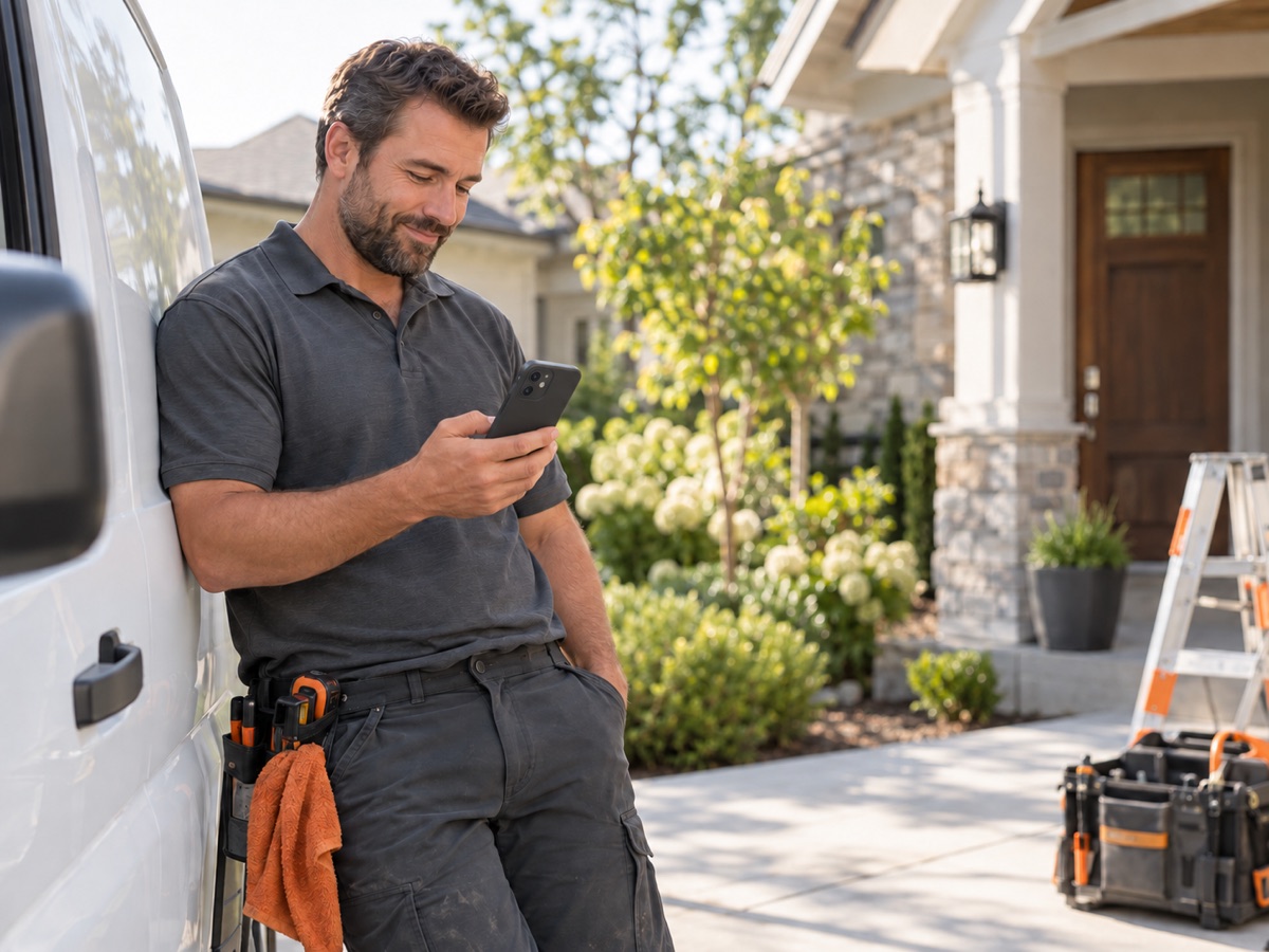 A home-services owner between appointments, his business still showing up on video while he works