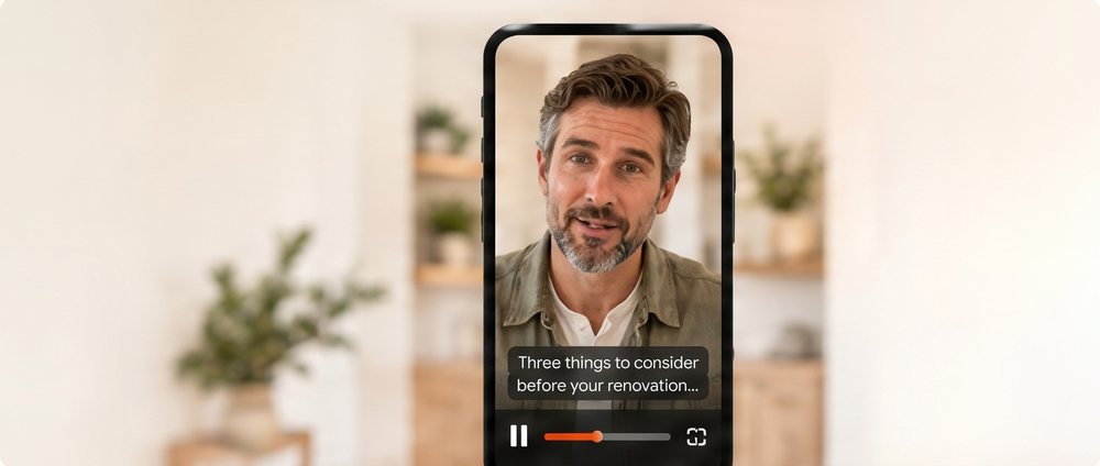 A vertical phone playing a short social video of the presenter, captioned